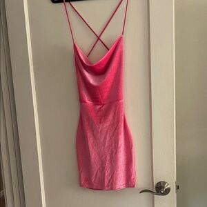 Lucy in the Sky Shimmery Hot Pink Cowl Slip Dress with Crisscross Straps